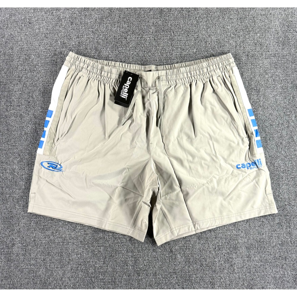 Capelli Sport Mens XL Athletic Soccer Shorts Tan Blue Stripe Zipper Pocket NWT